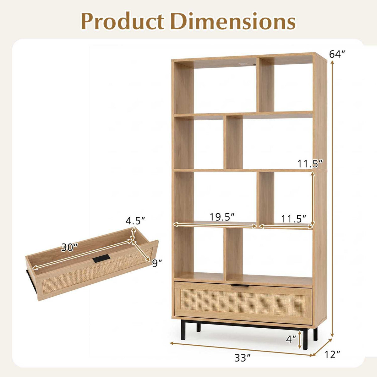 64 inch 6-Tier Tall Wooden Bookcase with 8 Open Cubes-Natural view 4