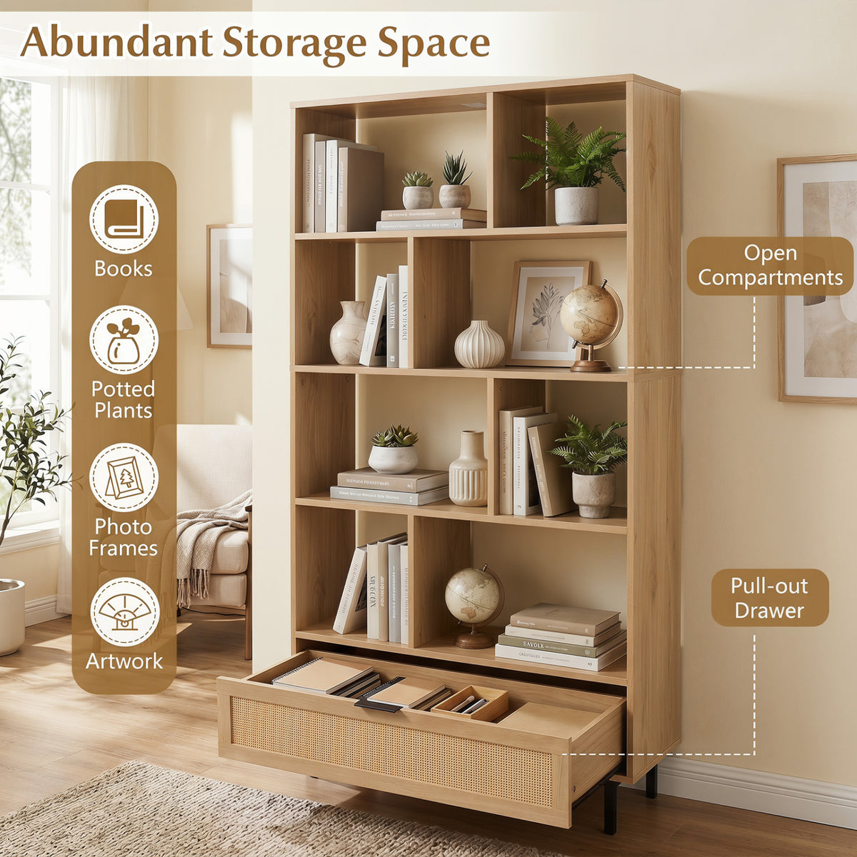 64 inch 6-Tier Tall Wooden Bookcase with 8 Open Cubes-Natural view 5