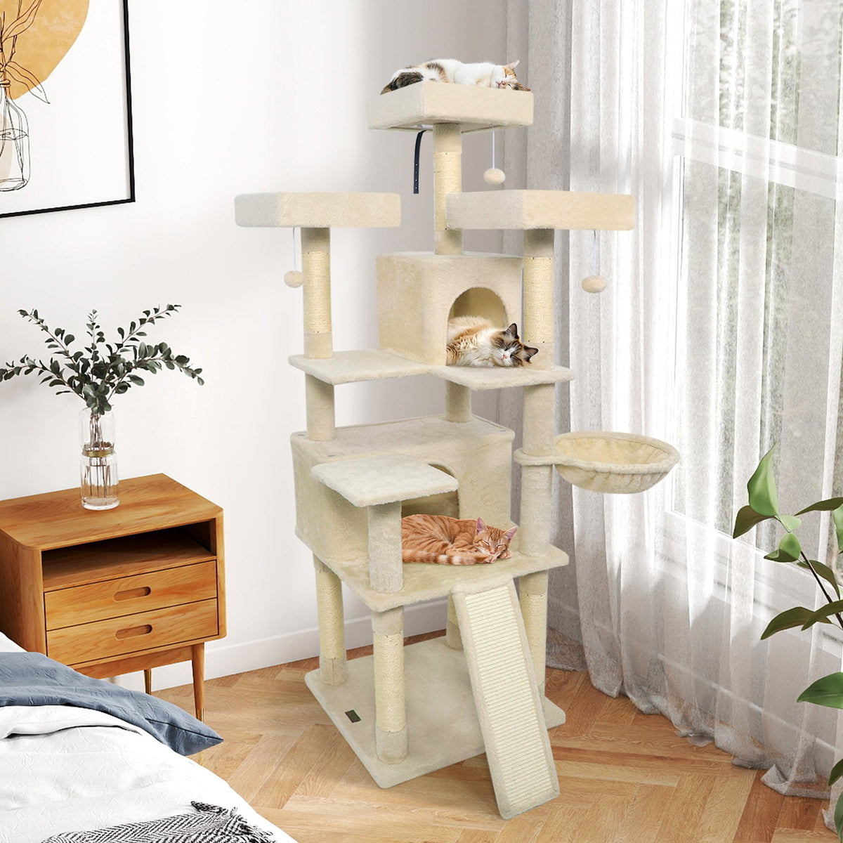 65 Inch Tall Multi-level Cat Tree with 3 Upholstered Perch and 2 Cat Condos-Beige view 2