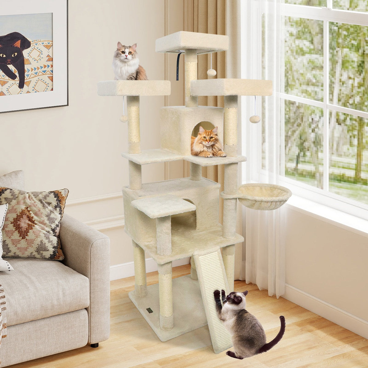65 Inch Tall Multi-level Cat Tree with 3 Upholstered Perch and 2 Cat Condos-Beige view 3