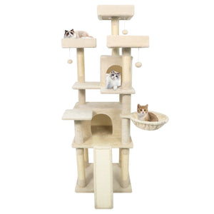 65 Inch Tall Multi-level Cat Tree with 3 Upholstered Perch and 2 Cat Condos-Beige view 4