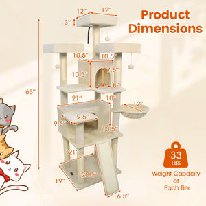 65 Inch Tall Multi-level Cat Tree with 3 Upholstered Perch and 2 Cat Condos-Beige view 5