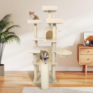65 Inch Tall Multi-level Cat Tree with 3 Upholstered Perch and 2 Cat Condos-Beige view 6
