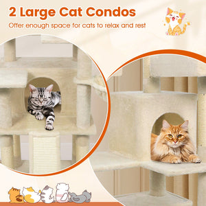 65 Inch Tall Multi-level Cat Tree with 3 Upholstered Perch and 2 Cat Condos-Beige view 7