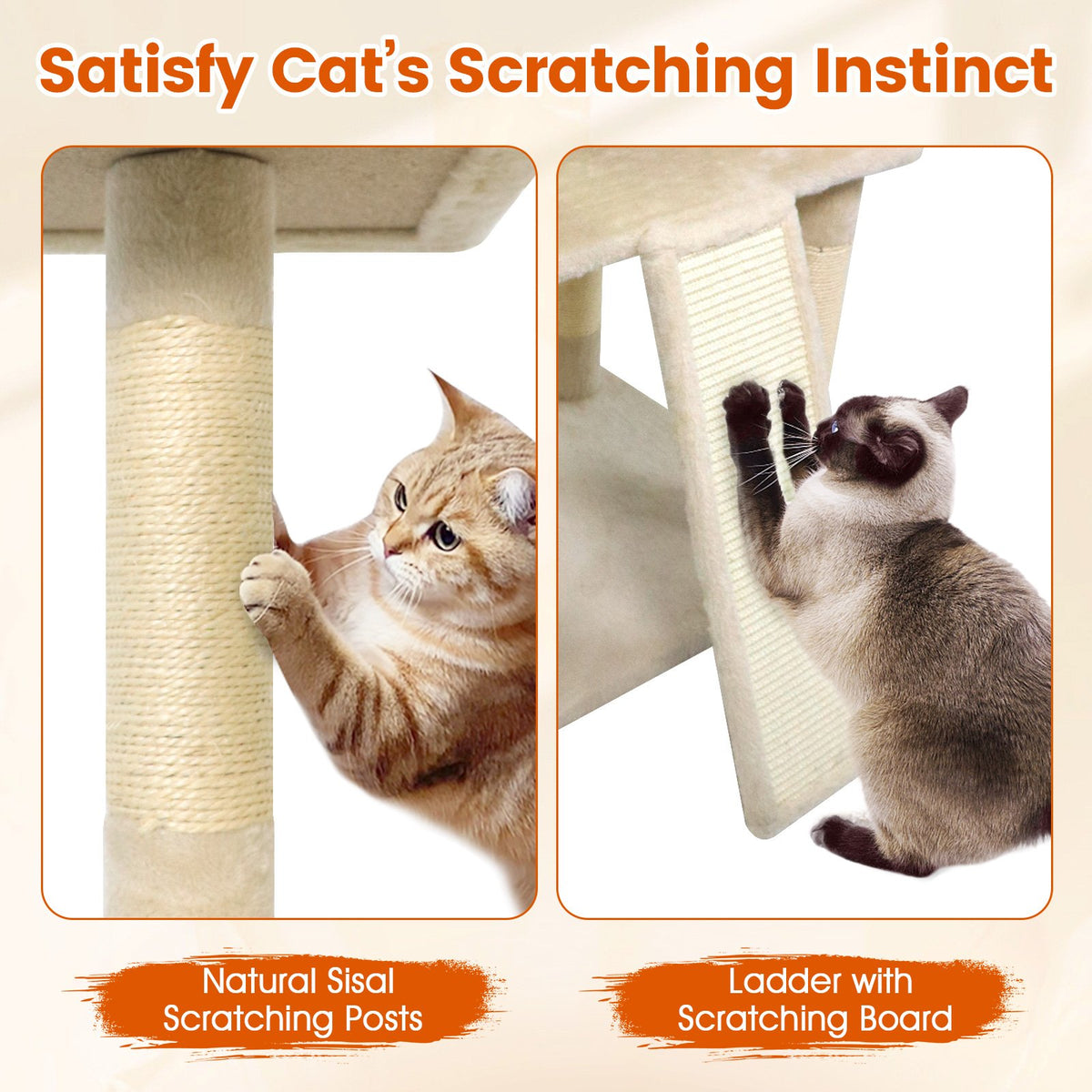 65 Inch Tall Multi-level Cat Tree with 3 Upholstered Perch and 2 Cat Condos-Beige view 8