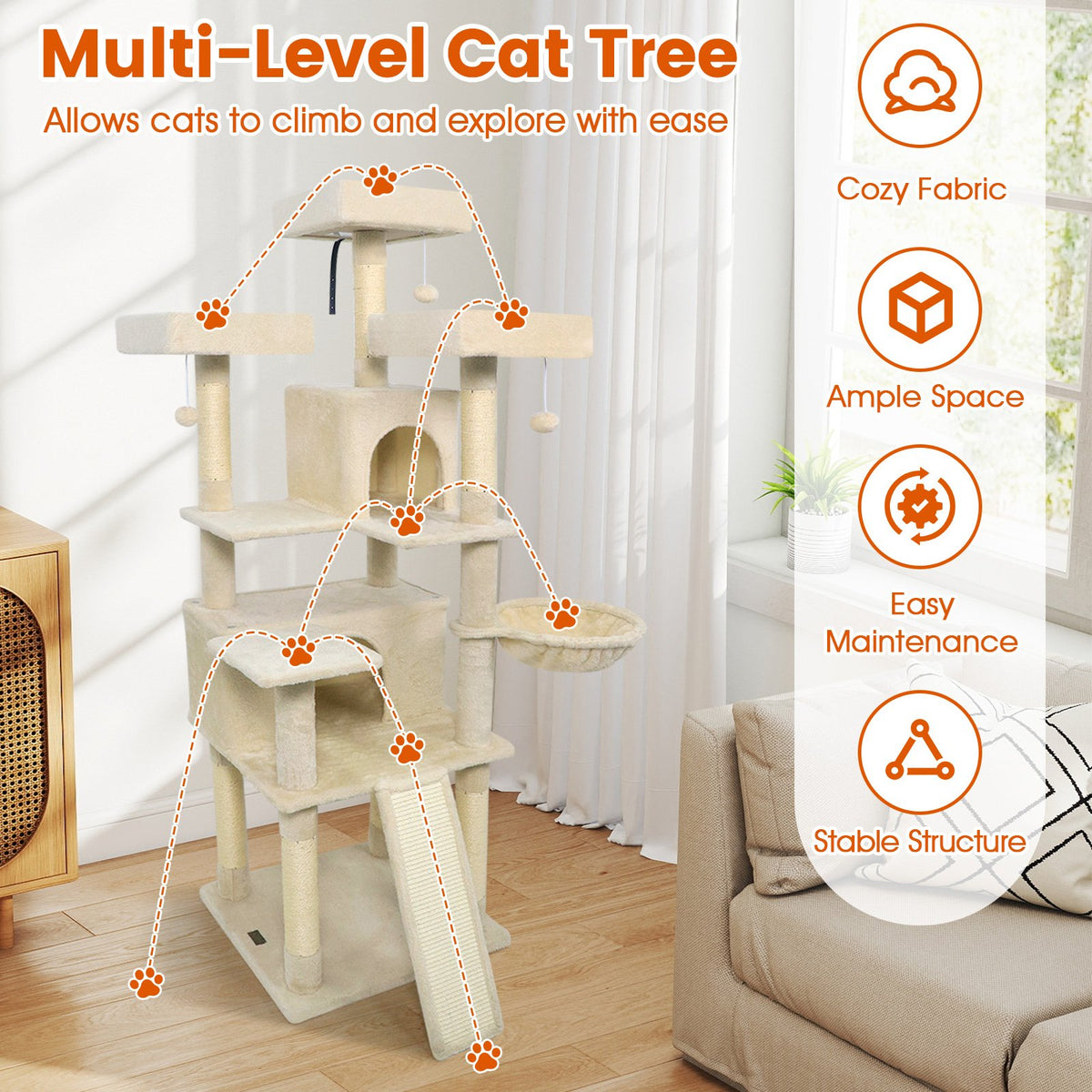 65 Inch Tall Multi-level Cat Tree with 3 Upholstered Perch and 2 Cat Condos-Beige view 9