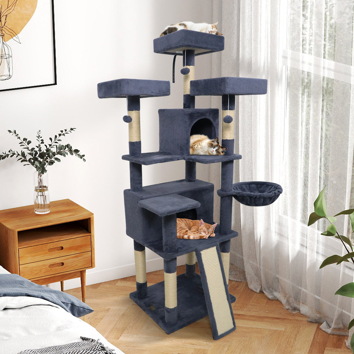 65 Inch Tall Multi-level Cat Tree with 3 Upholstered Perch and 2 Cat Condos-Dark Gray view 2
