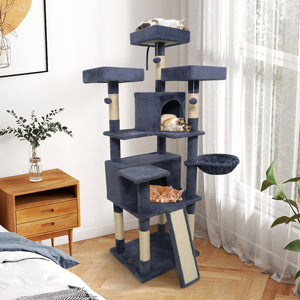 65 Inch Tall Multi-level Cat Tree with 3 Upholstered Perch and 2 Cat Condos-Dark Gray view 2