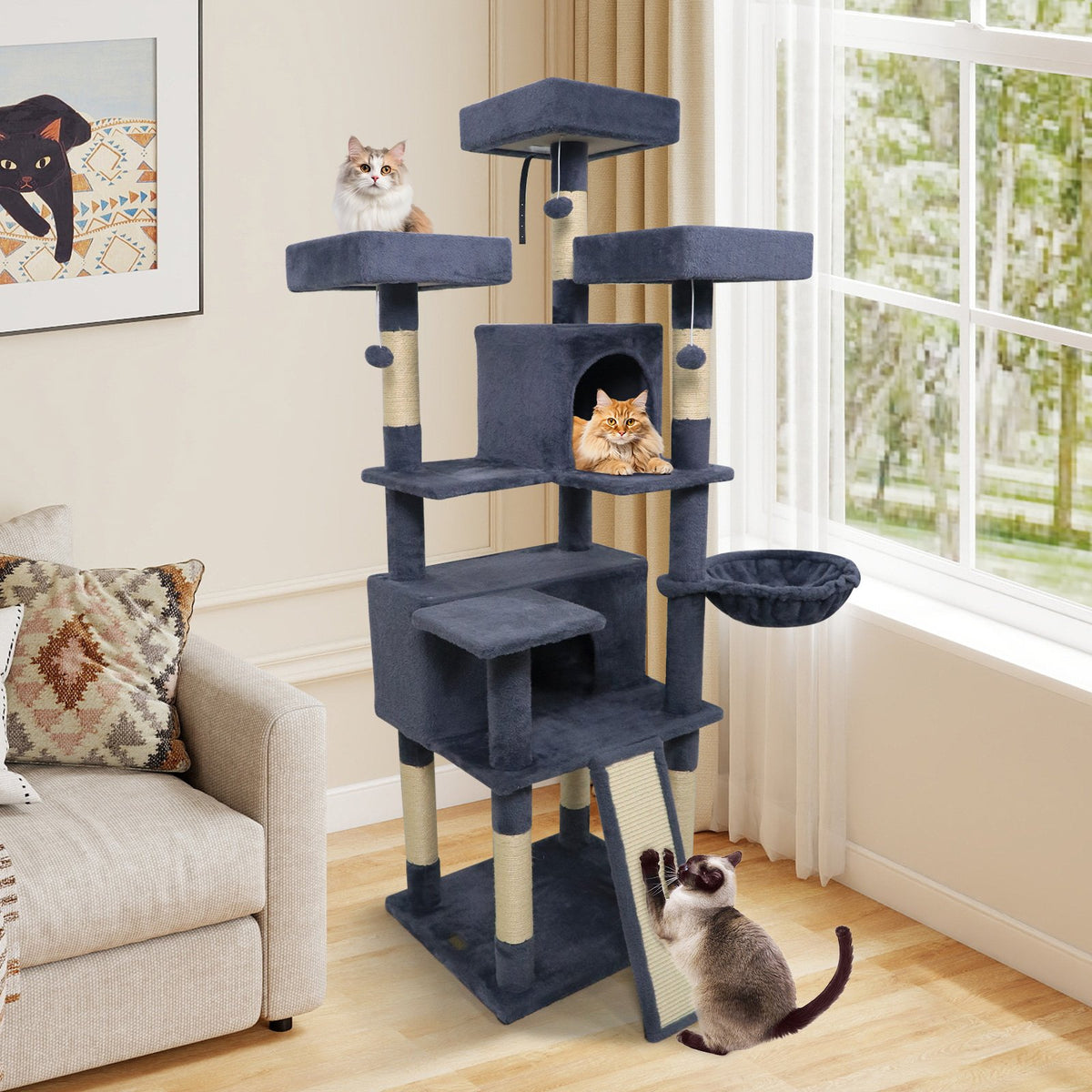 65 Inch Tall Multi-level Cat Tree with 3 Upholstered Perch and 2 Cat Condos-Dark Gray view 3