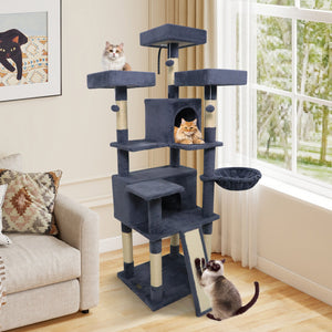 65 Inch Tall Multi-level Cat Tree with 3 Upholstered Perch and 2 Cat Condos-Dark Gray view 3