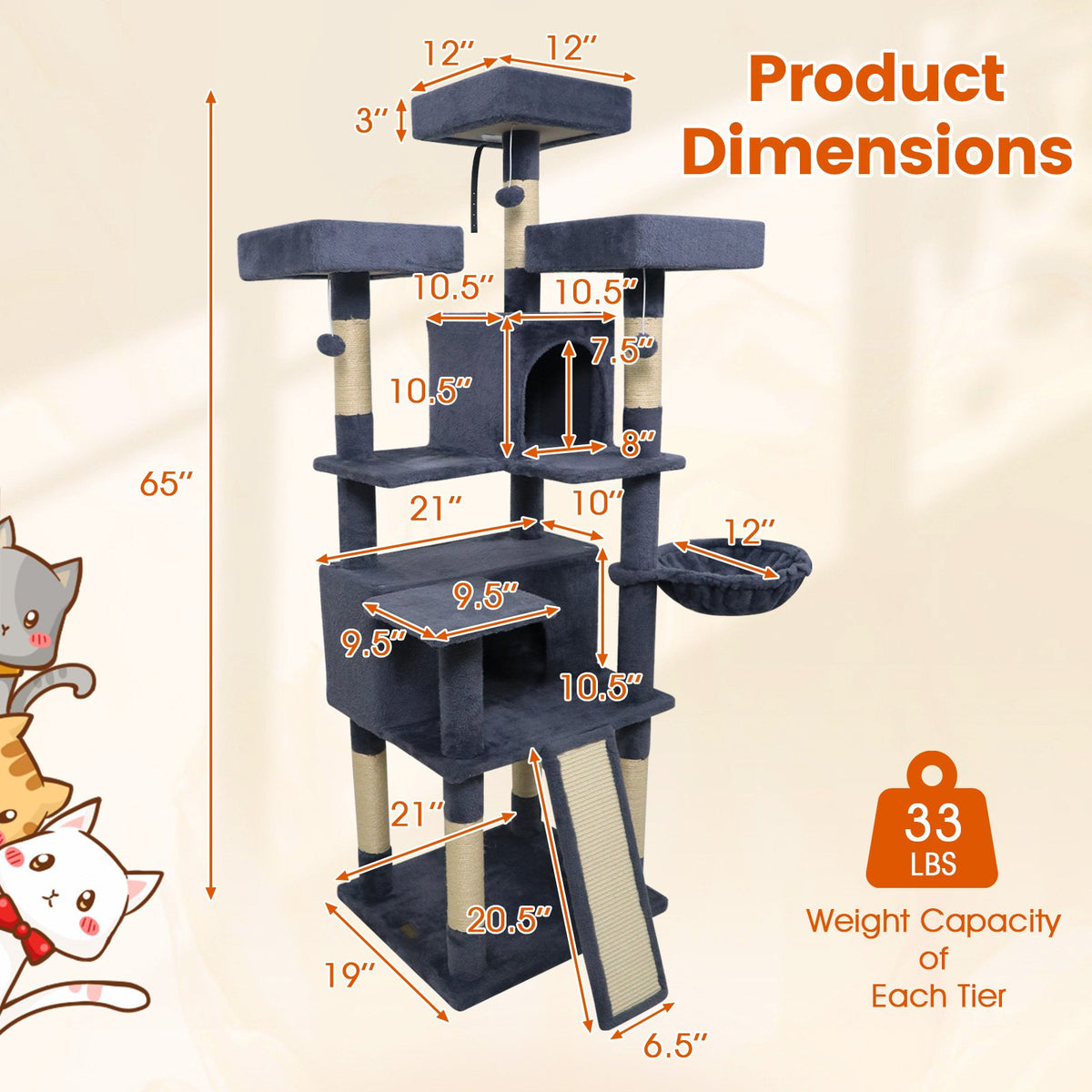 65 Inch Tall Multi-level Cat Tree with 3 Upholstered Perch and 2 Cat Condos-Dark Gray view 5