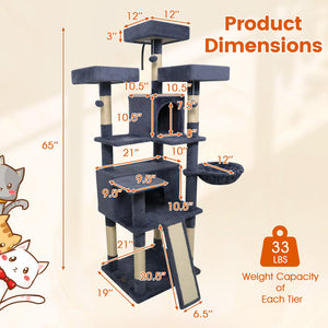 65 Inch Tall Multi-level Cat Tree with 3 Upholstered Perch and 2 Cat Condos-Dark Gray view 5
