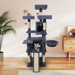 65 Inch Tall Multi-level Cat Tree with 3 Upholstered Perch and 2 Cat Condos-Dark Gray view 6