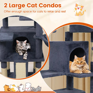 65 Inch Tall Multi-level Cat Tree with 3 Upholstered Perch and 2 Cat Condos-Dark Gray view 7