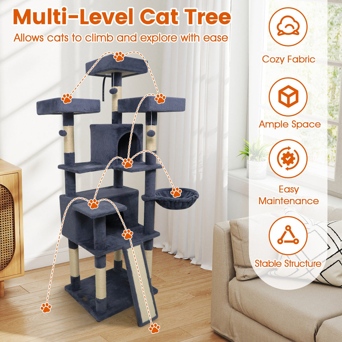 65 Inch Tall Multi-level Cat Tree with 3 Upholstered Perch and 2 Cat Condos-Dark Gray view 9
