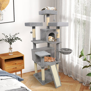 65 Inch Tall Multi-level Cat Tree with 3 Upholstered Perch and 2 Cat Condos-Light Gray view 2