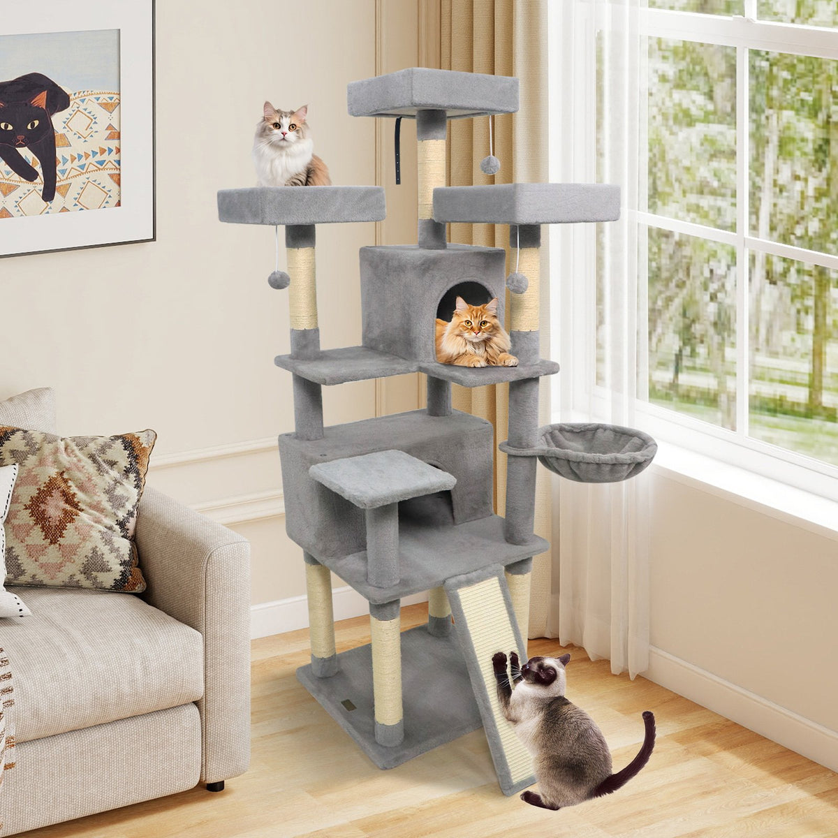 65 Inch Tall Multi-level Cat Tree with 3 Upholstered Perch and 2 Cat Condos-Light Gray view 3