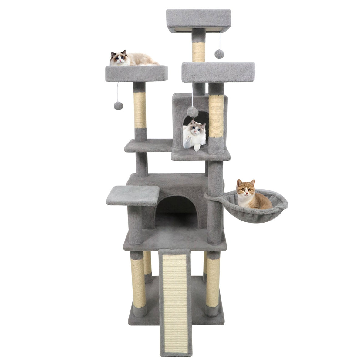 65 Inch Tall Multi-level Cat Tree with 3 Upholstered Perch and 2 Cat Condos-Light Gray view 4