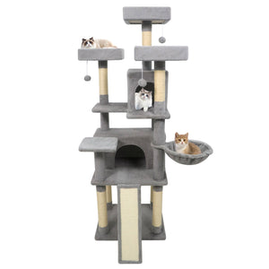 65 Inch Tall Multi-level Cat Tree with 3 Upholstered Perch and 2 Cat Condos-Light Gray view 4