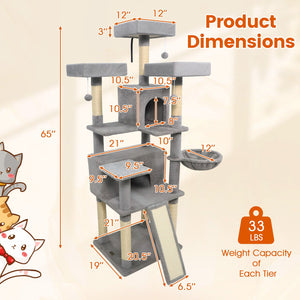 65 Inch Tall Multi-level Cat Tree with 3 Upholstered Perch and 2 Cat Condos-Light Gray view 5