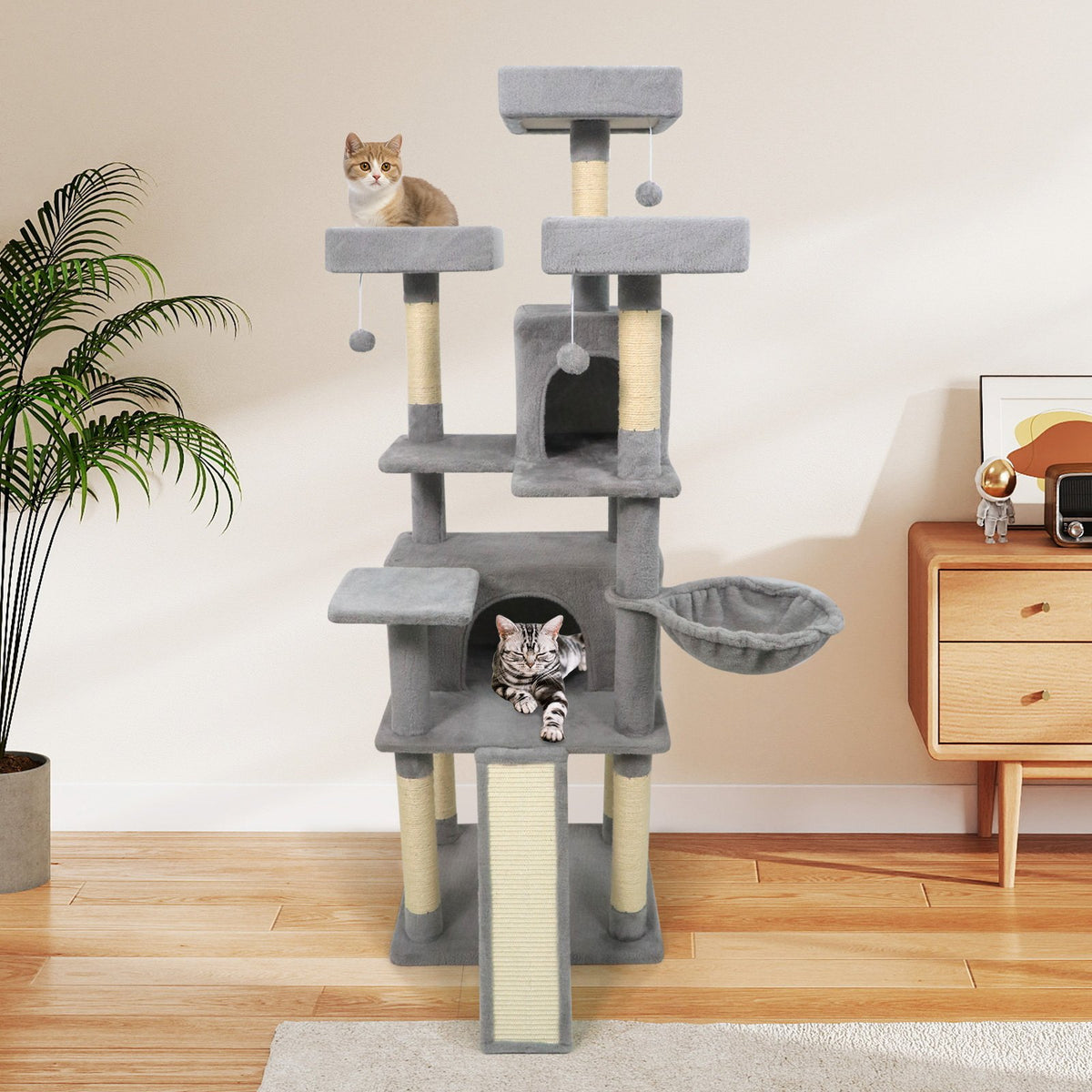 65 Inch Tall Multi-level Cat Tree with 3 Upholstered Perch and 2 Cat Condos-Light Gray view 6