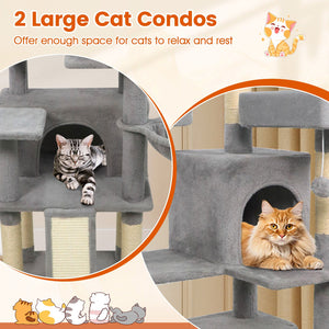 65 Inch Tall Multi-level Cat Tree with 3 Upholstered Perch and 2 Cat Condos-Light Gray view 7
