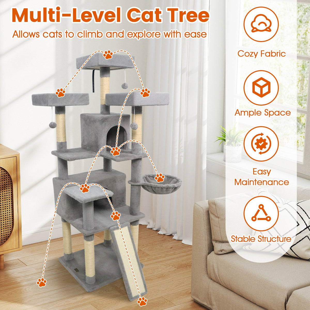 65 Inch Tall Multi-level Cat Tree with 3 Upholstered Perch and 2 Cat Condos-Light Gray view 9