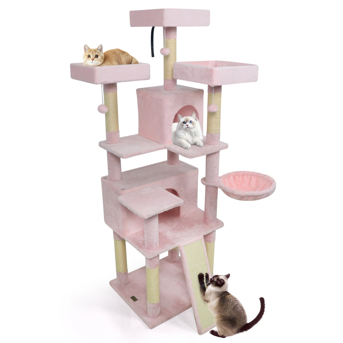 65 Inch Tall Multi-level Cat Tree with 3 Upholstered Perch and 2 Cat Condos-Pink