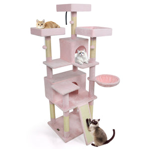 65 Inch Tall Multi-level Cat Tree with 3 Upholstered Perch and 2 Cat Condos-Pink