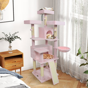 65 Inch Tall Multi-level Cat Tree with 3 Upholstered Perch and 2 Cat Condos-Pink view 2