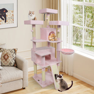 65 Inch Tall Multi-level Cat Tree with 3 Upholstered Perch and 2 Cat Condos-Pink view 3