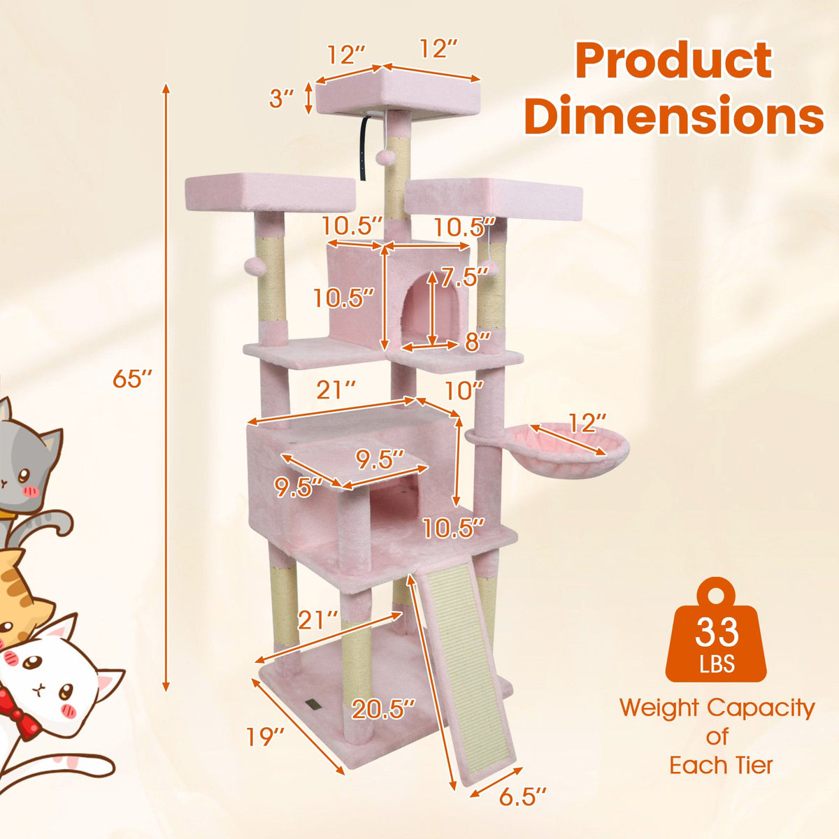65 Inch Tall Multi-level Cat Tree with 3 Upholstered Perch and 2 Cat Condos-Pink view 5