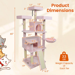 65 Inch Tall Multi-level Cat Tree with 3 Upholstered Perch and 2 Cat Condos-Pink view 5