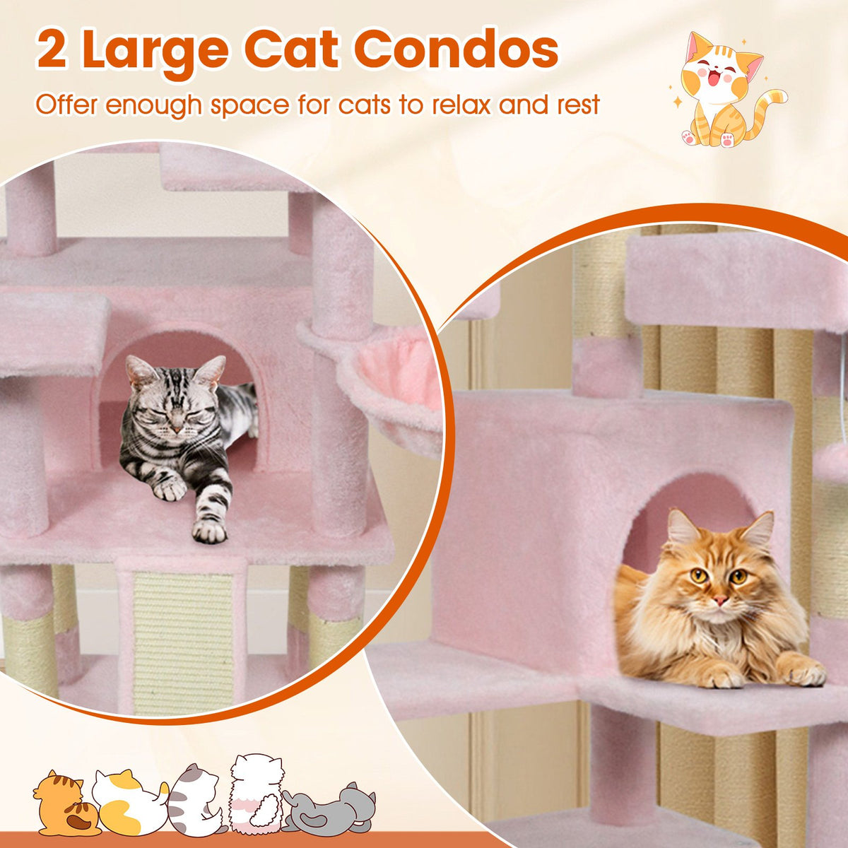 65 Inch Tall Multi-level Cat Tree with 3 Upholstered Perch and 2 Cat Condos-Pink view 7
