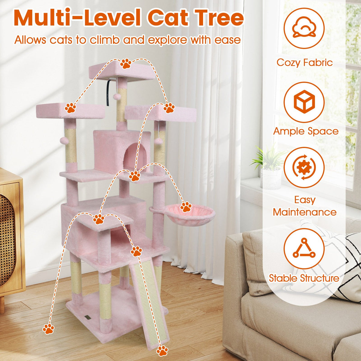 65 Inch Tall Multi-level Cat Tree with 3 Upholstered Perch and 2 Cat Condos-Pink view 9