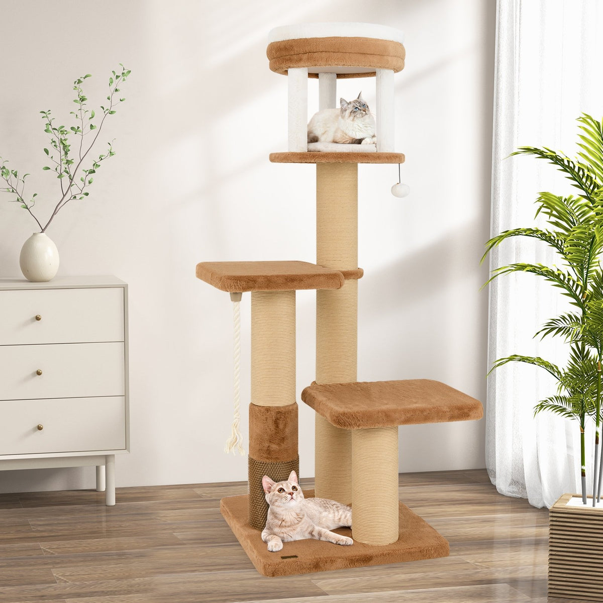 65 Inches Tall Cat Tree with Self-groomer and Removable Cat Bed-Coffee view 3