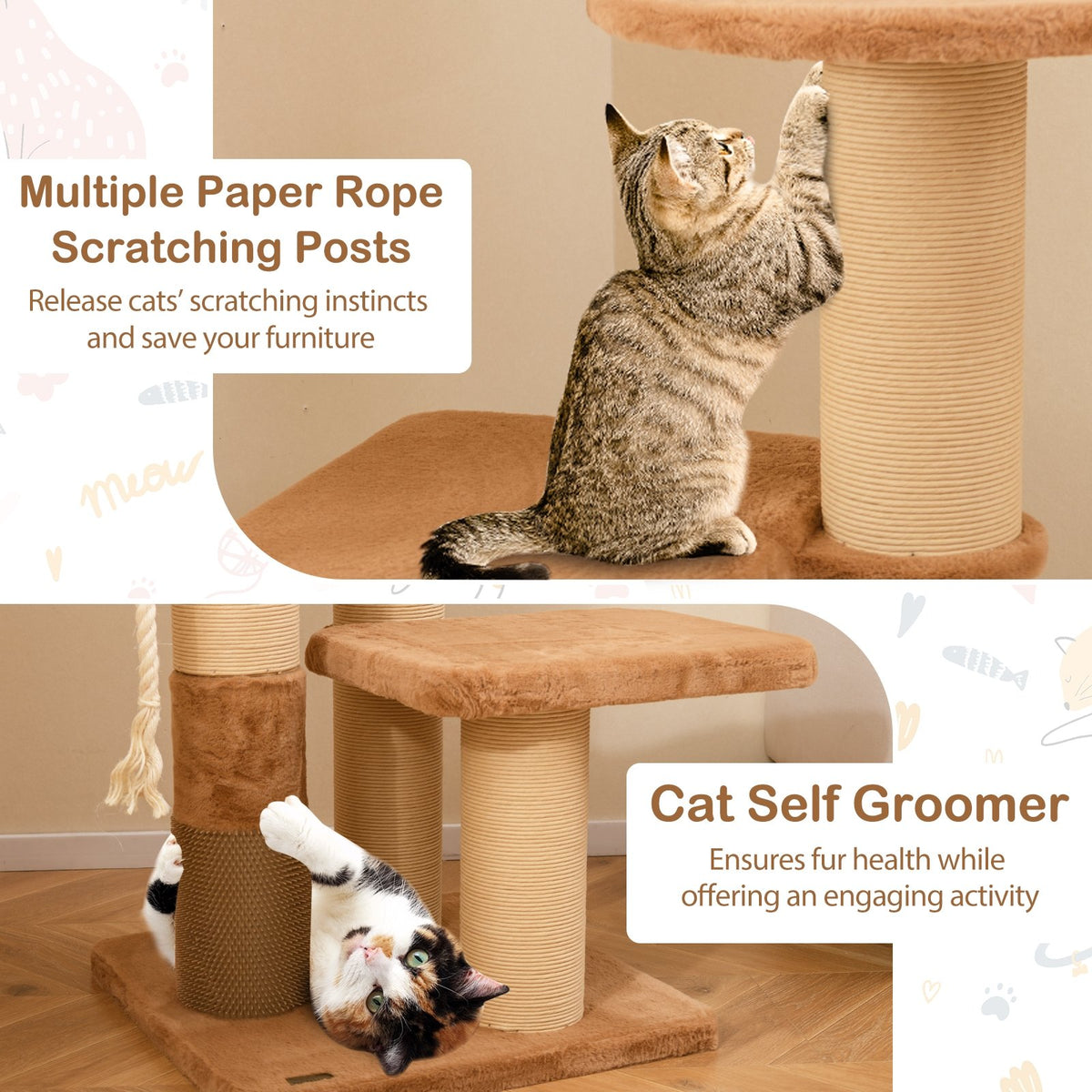 65 Inches Tall Cat Tree with Self-groomer and Removable Cat Bed-Coffee view 7