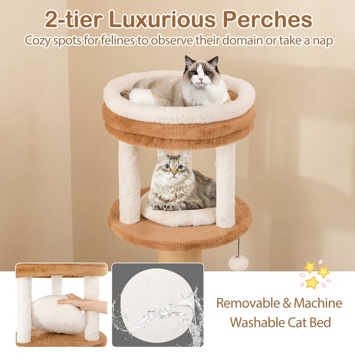 65 Inches Tall Cat Tree with Self-groomer and Removable Cat Bed-Coffee view 8