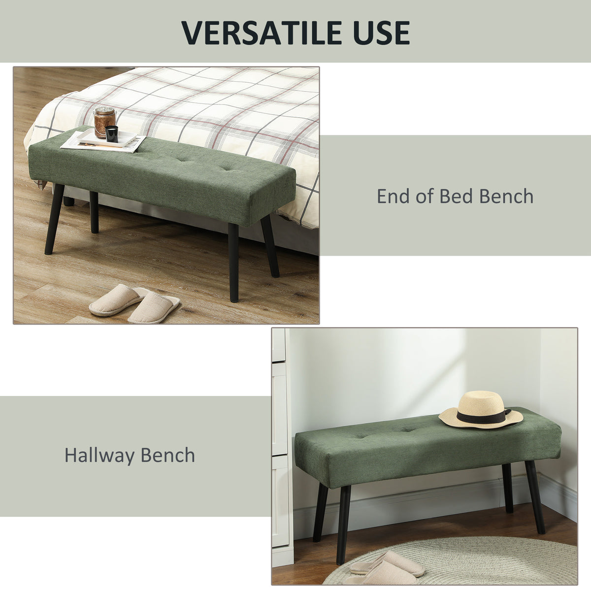 39" Upholstered Ottoman Bench, Corduroy Entryway Bedroom Bench with Padded Seat and Steel Legs for Bedroom – view 12