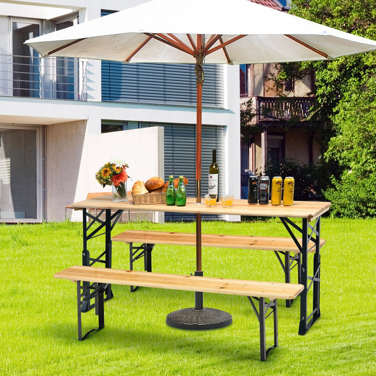 66.5 Inch Outdoor Wood Folding Picnic Table with Adjustable Heights view 3