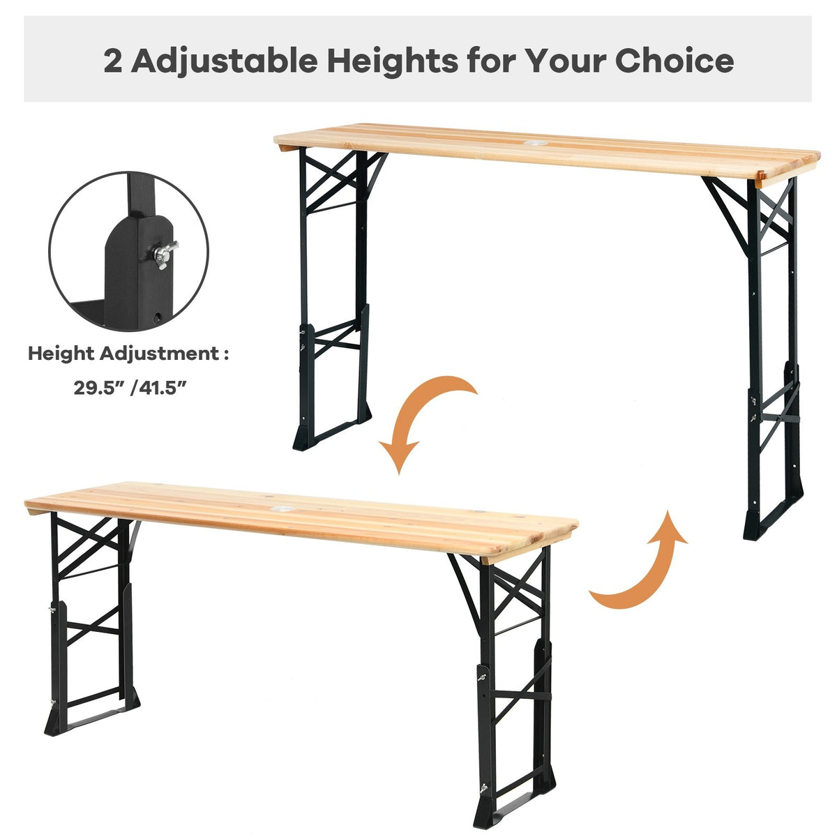 66.5 Inch Outdoor Wood Folding Picnic Table with Adjustable Heights view 8