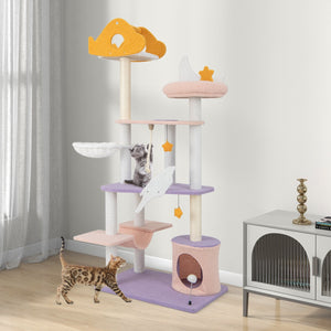 66 Inch Cute Cat Tree Cats Multi-level Tall Cat Tower with Sisal Covered Scratching Posts-Purple view 2