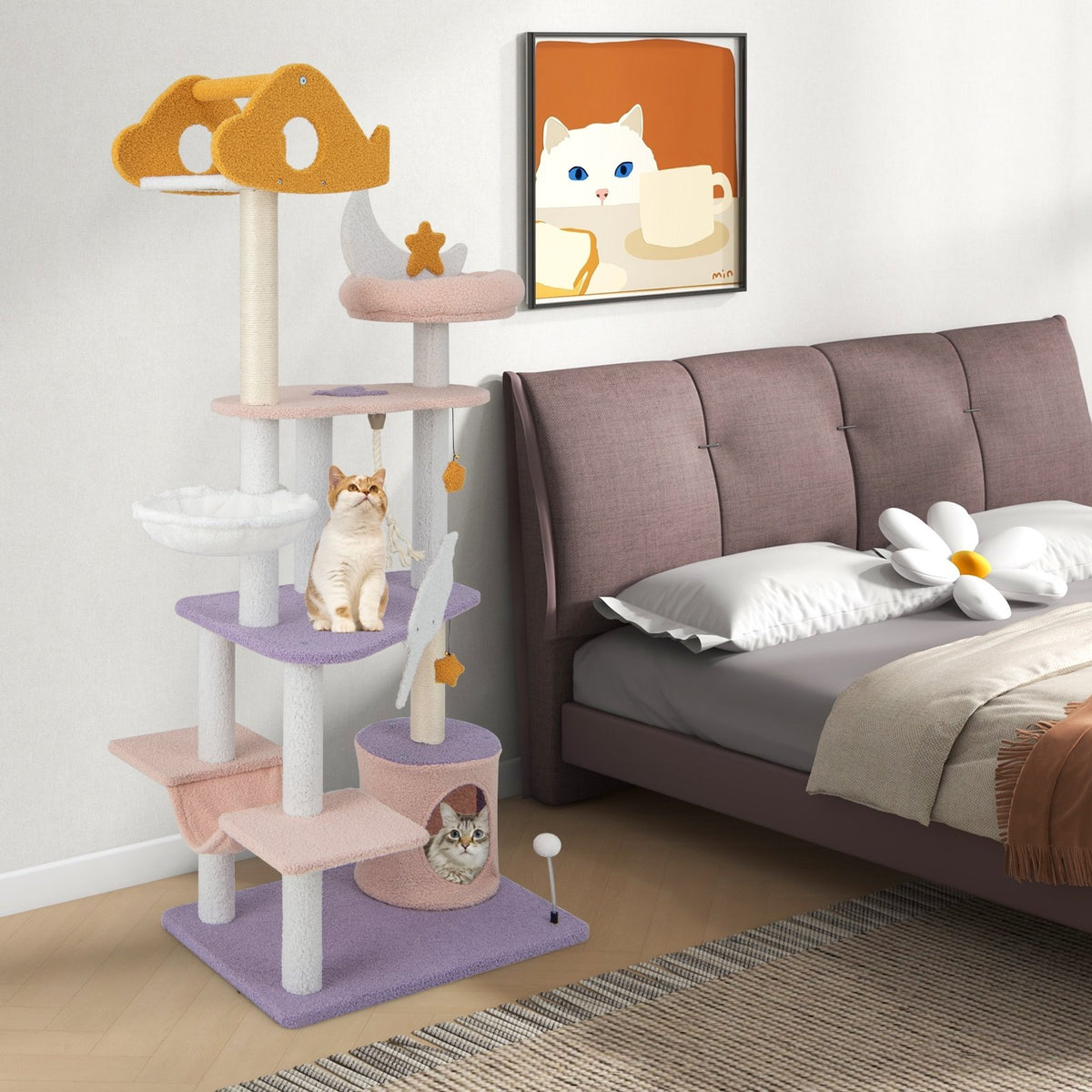 66 Inch Cute Cat Tree Cats Multi-level Tall Cat Tower with Sisal Covered Scratching Posts-Purple view 3