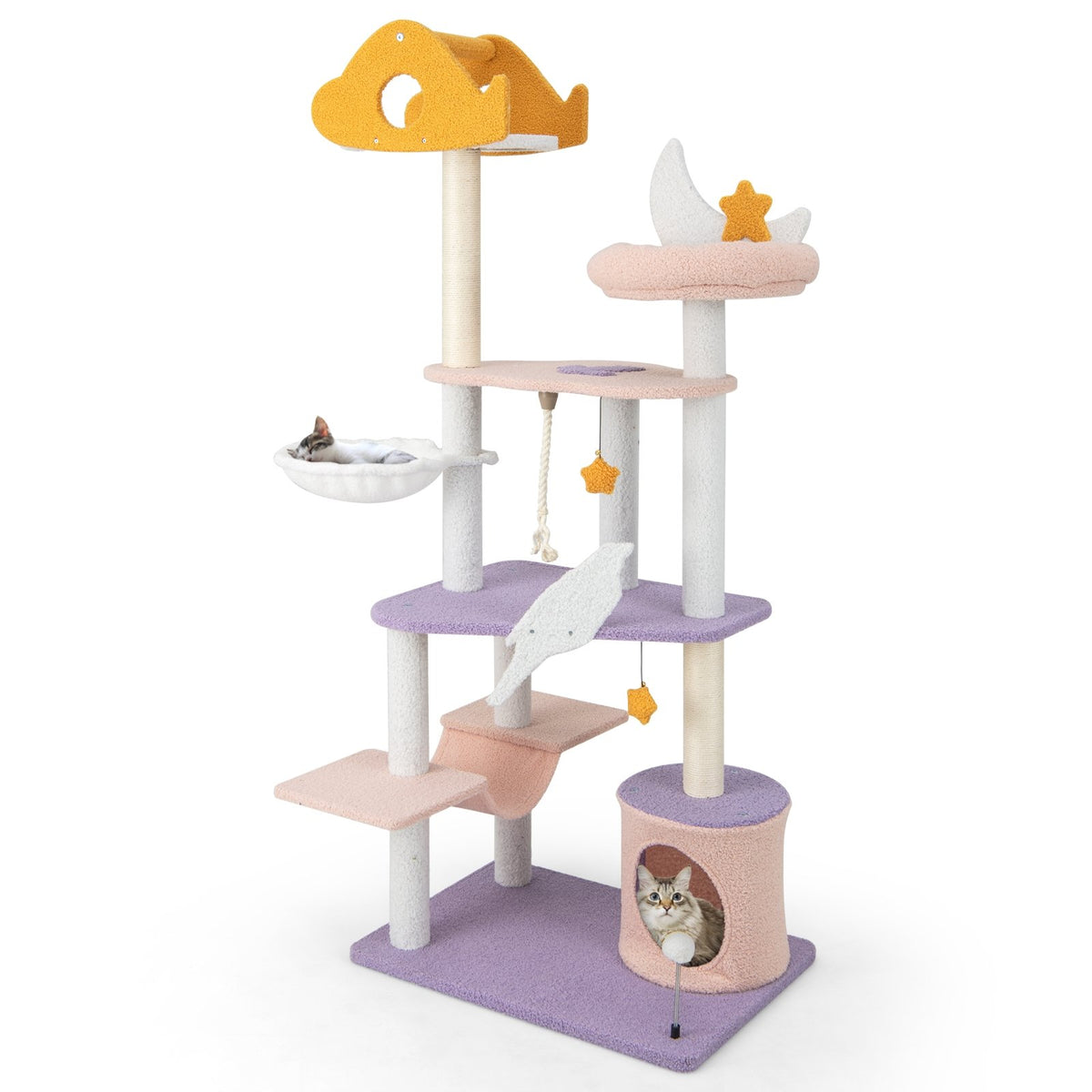 66 Inch Cute Cat Tree Cats Multi-level Tall Cat Tower with Sisal Covered Scratching Posts-Purple view 4