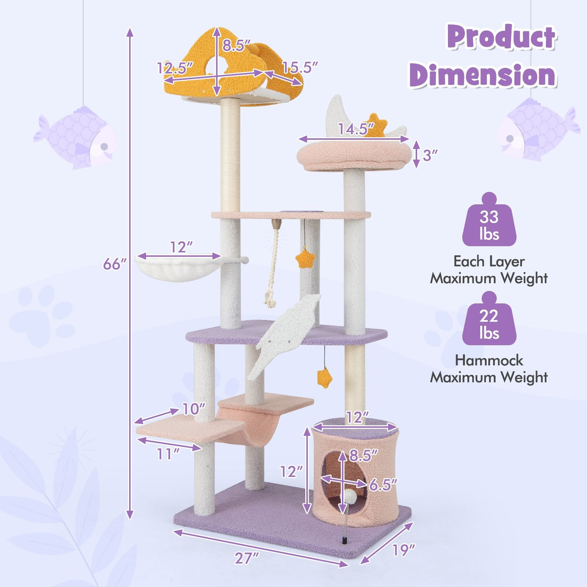 66 Inch Cute Cat Tree Cats Multi-level Tall Cat Tower with Sisal Covered Scratching Posts-Purple view 5