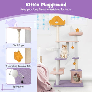66 Inch Cute Cat Tree Cats Multi-level Tall Cat Tower with Sisal Covered Scratching Posts-Purple view 6