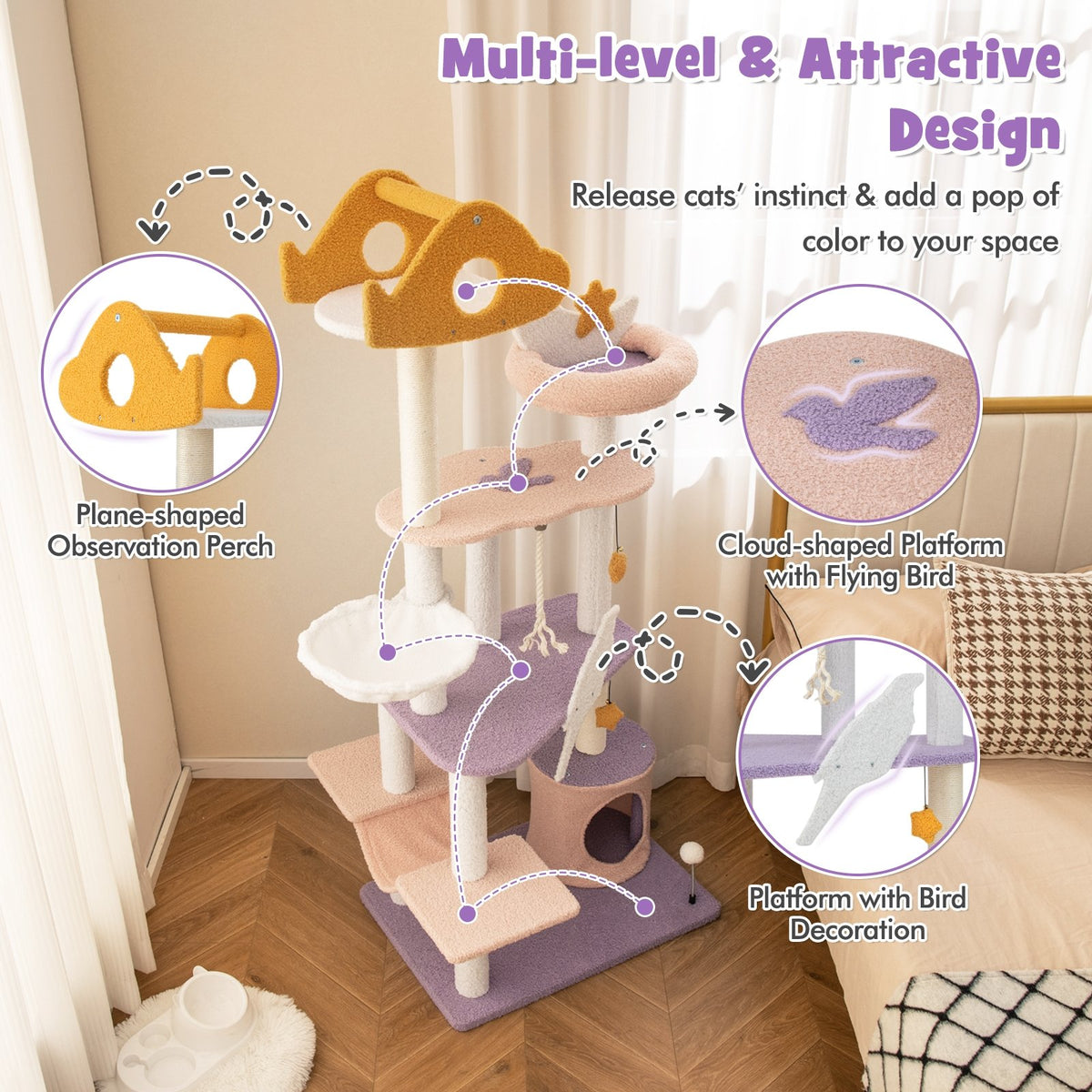 66 Inch Cute Cat Tree Cats Multi-level Tall Cat Tower with Sisal Covered Scratching Posts-Purple view 7