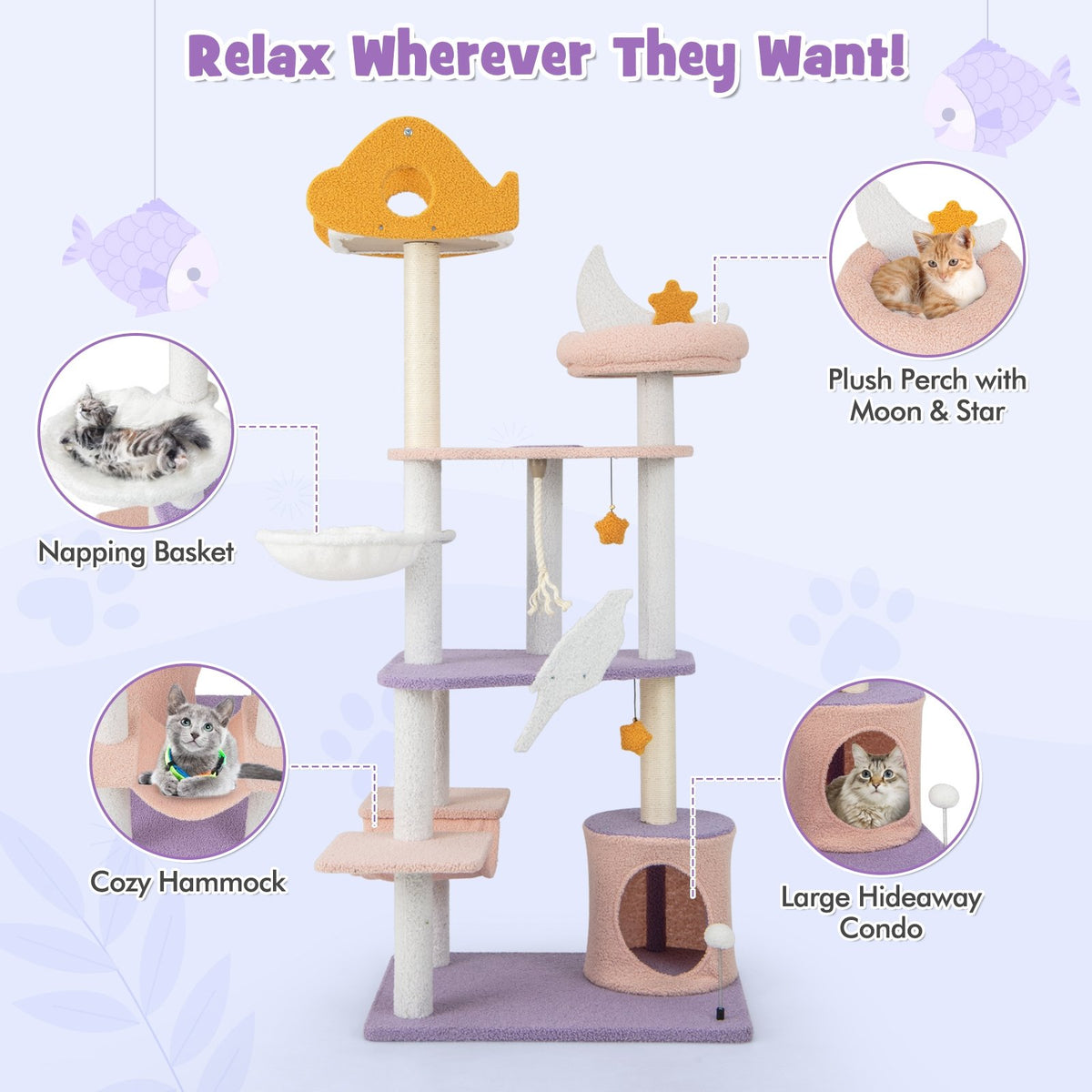 66 Inch Cute Cat Tree Cats Multi-level Tall Cat Tower with Sisal Covered Scratching Posts-Purple view 9