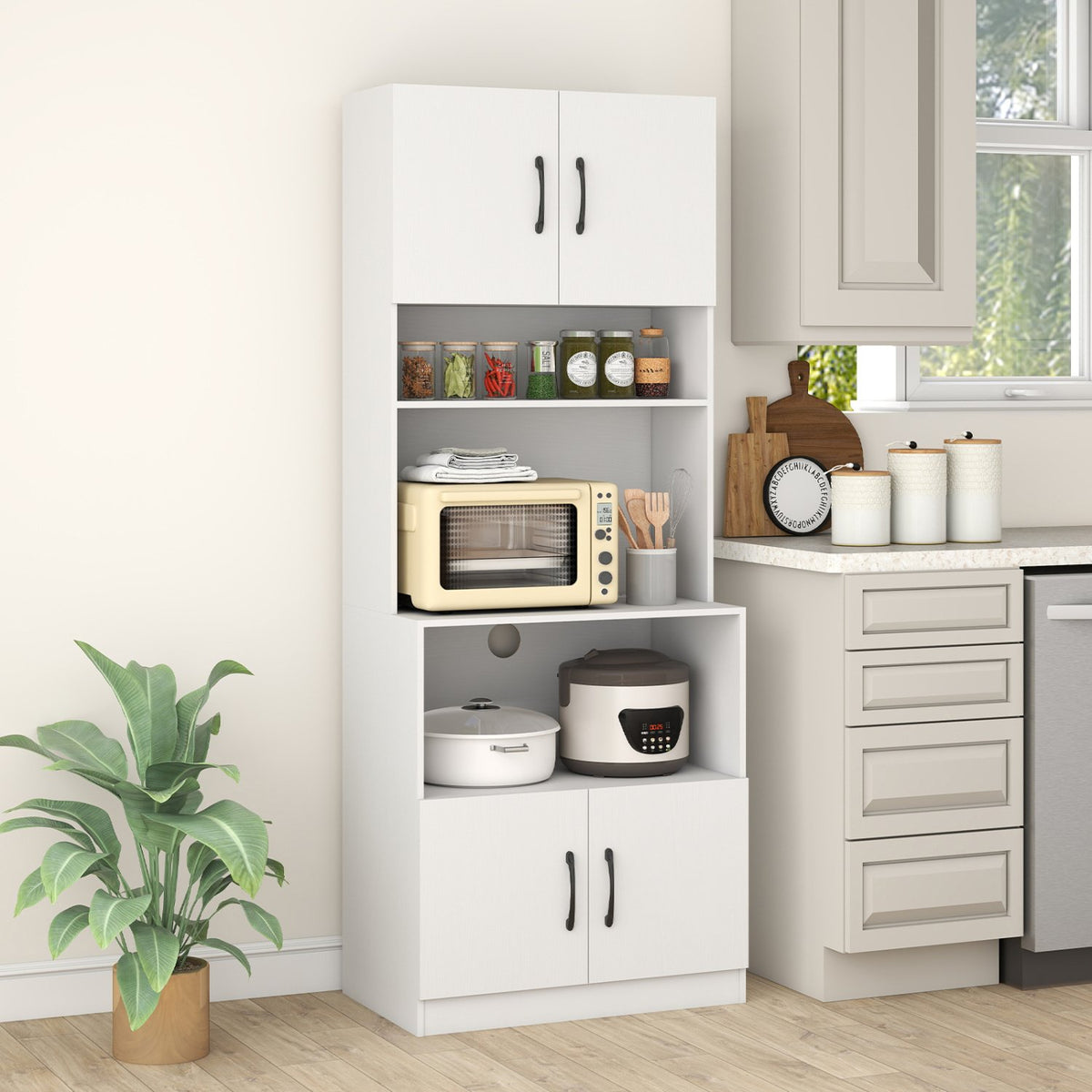 66 Inch Kitchen Pantry Cabinet with Charging Station and Adjustable Shelves for Dining Room-White view 2