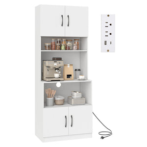 66 Inch Kitchen Pantry Cabinet with Charging Station and Adjustable Shelves for Dining Room-White view 4